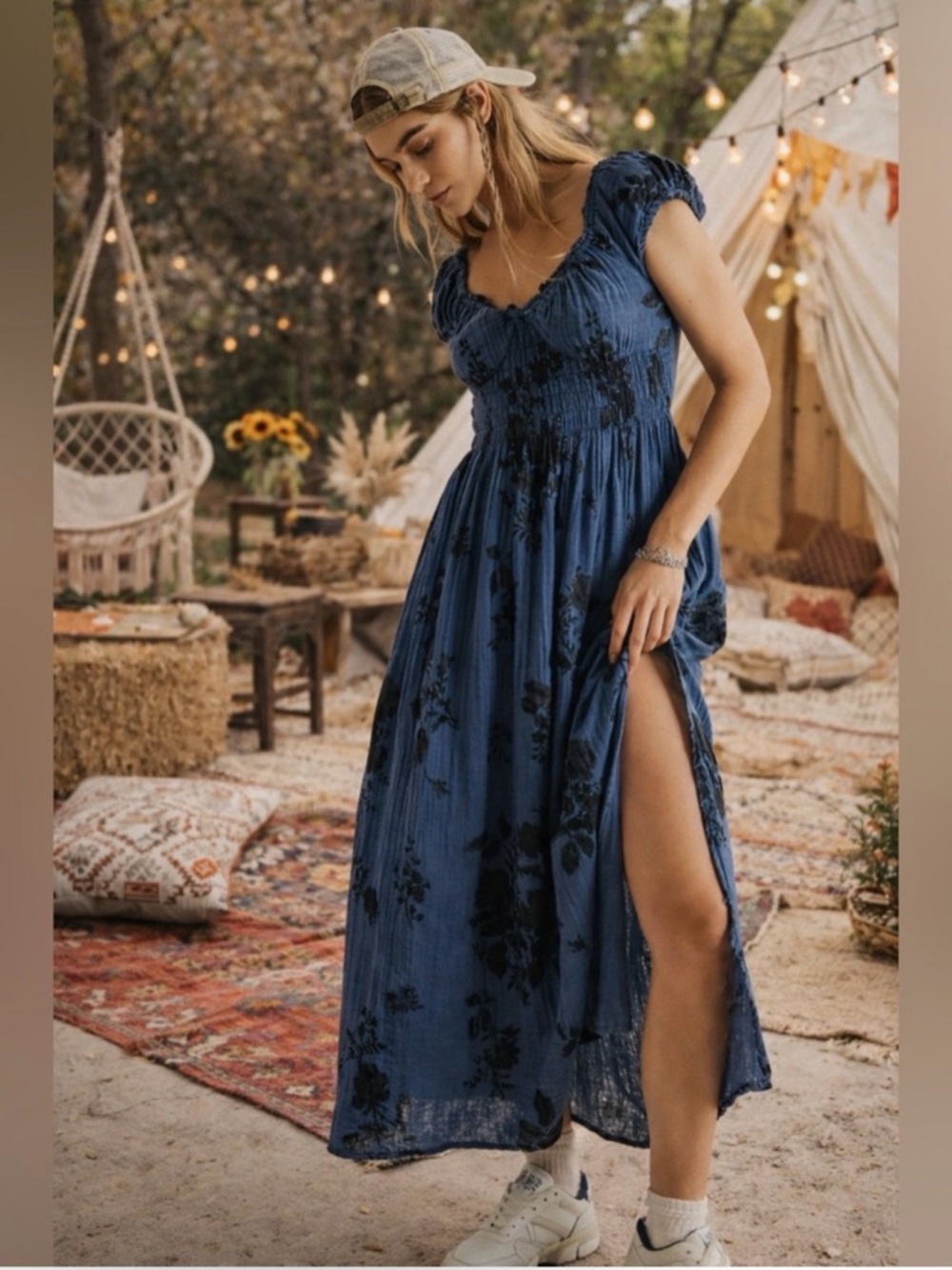 Free People “Forget Me Not” Blue Floral Backless Maxi Dress with Side Slit